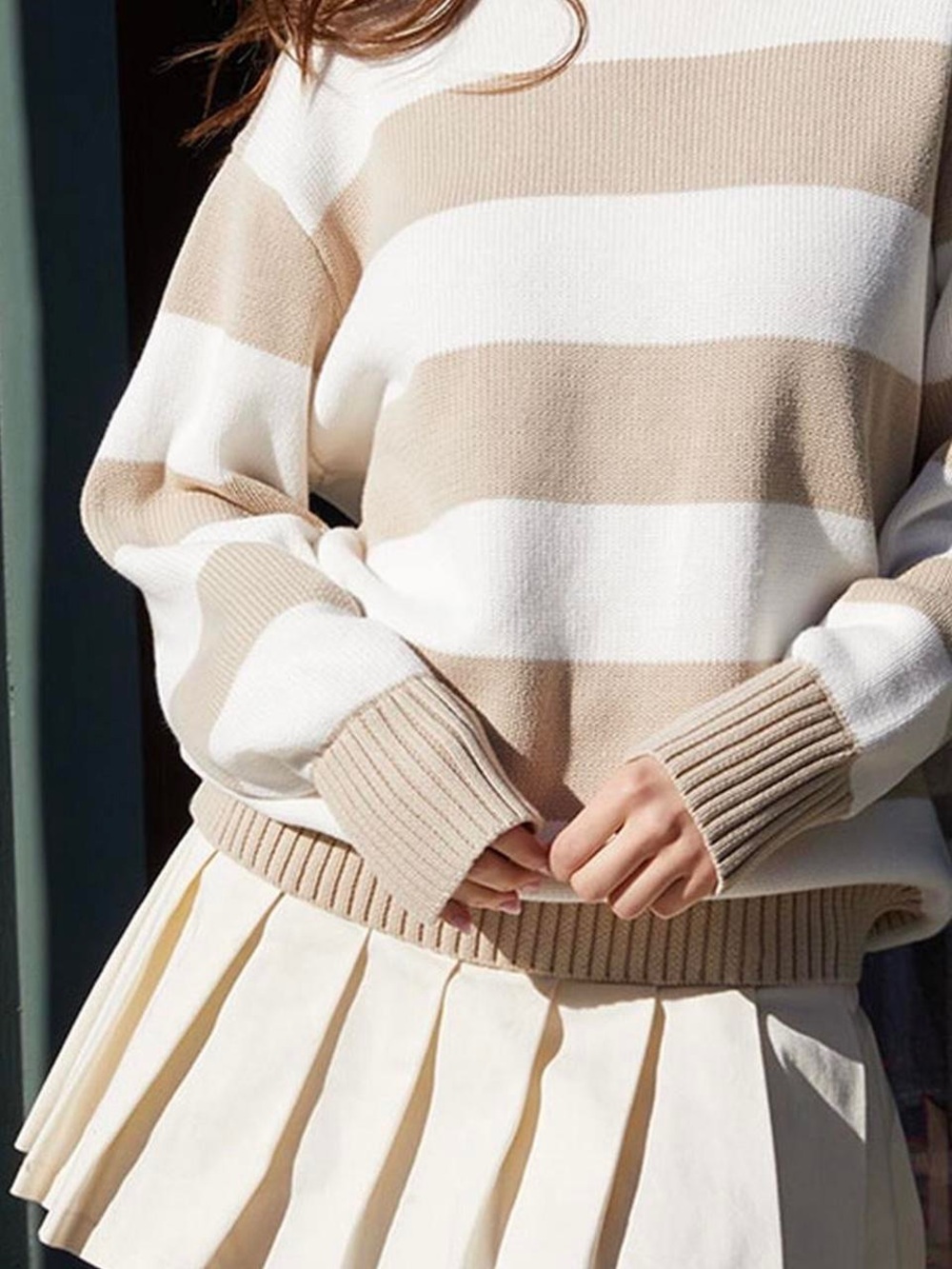 Brandy Melville Beige and White Striped Crewneck Sweater